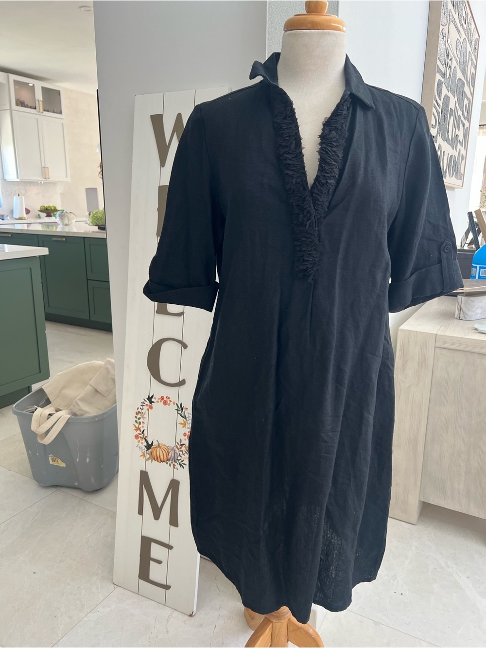 Chico's Black Ruffle-Trim Midi Shirt Dress